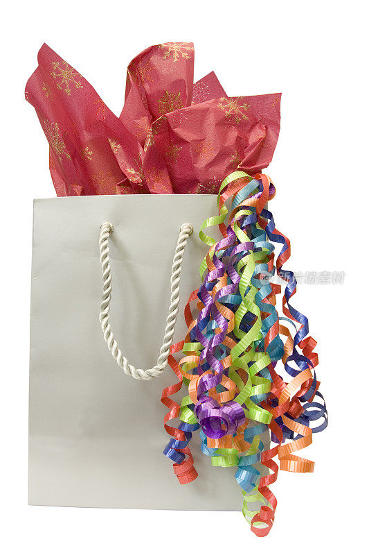 Silver bag with tissue and streamers